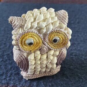 Vintage Sea Shell Owl 3" Figurine Wiggle Eyes Rope Trim Philippines Souvenir